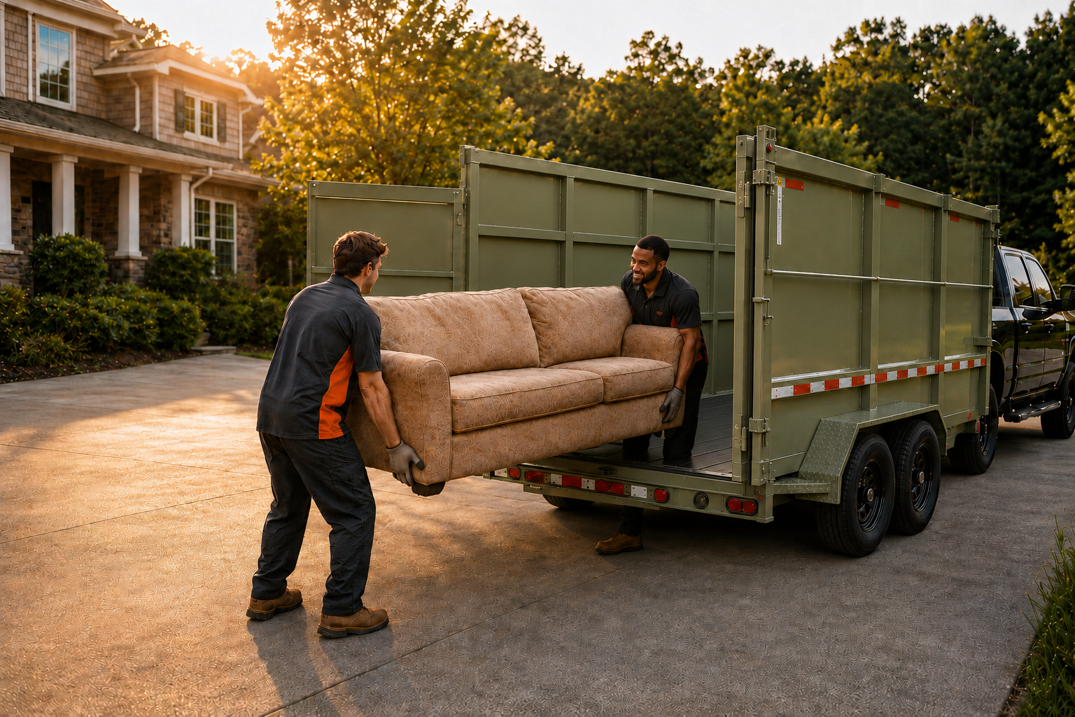 Amigo Junk Removal’s professional crew loading a sofa into a complete olive-green tandem-axle dump trailer