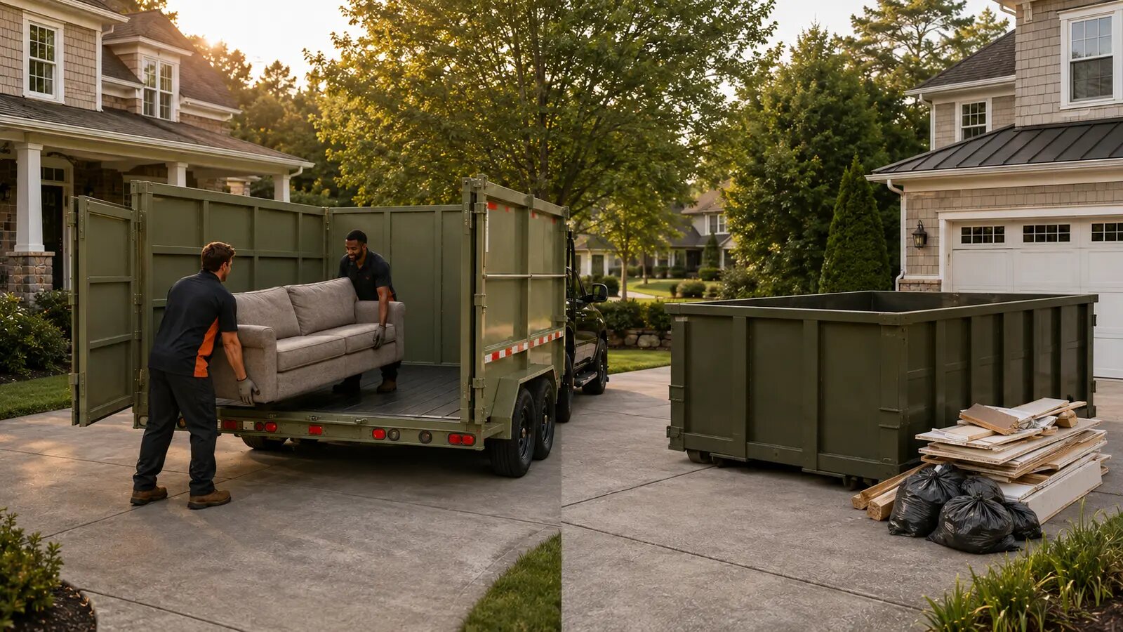 Full-service junk removal crew compared with a driveway dumpster in Winder, Georgia