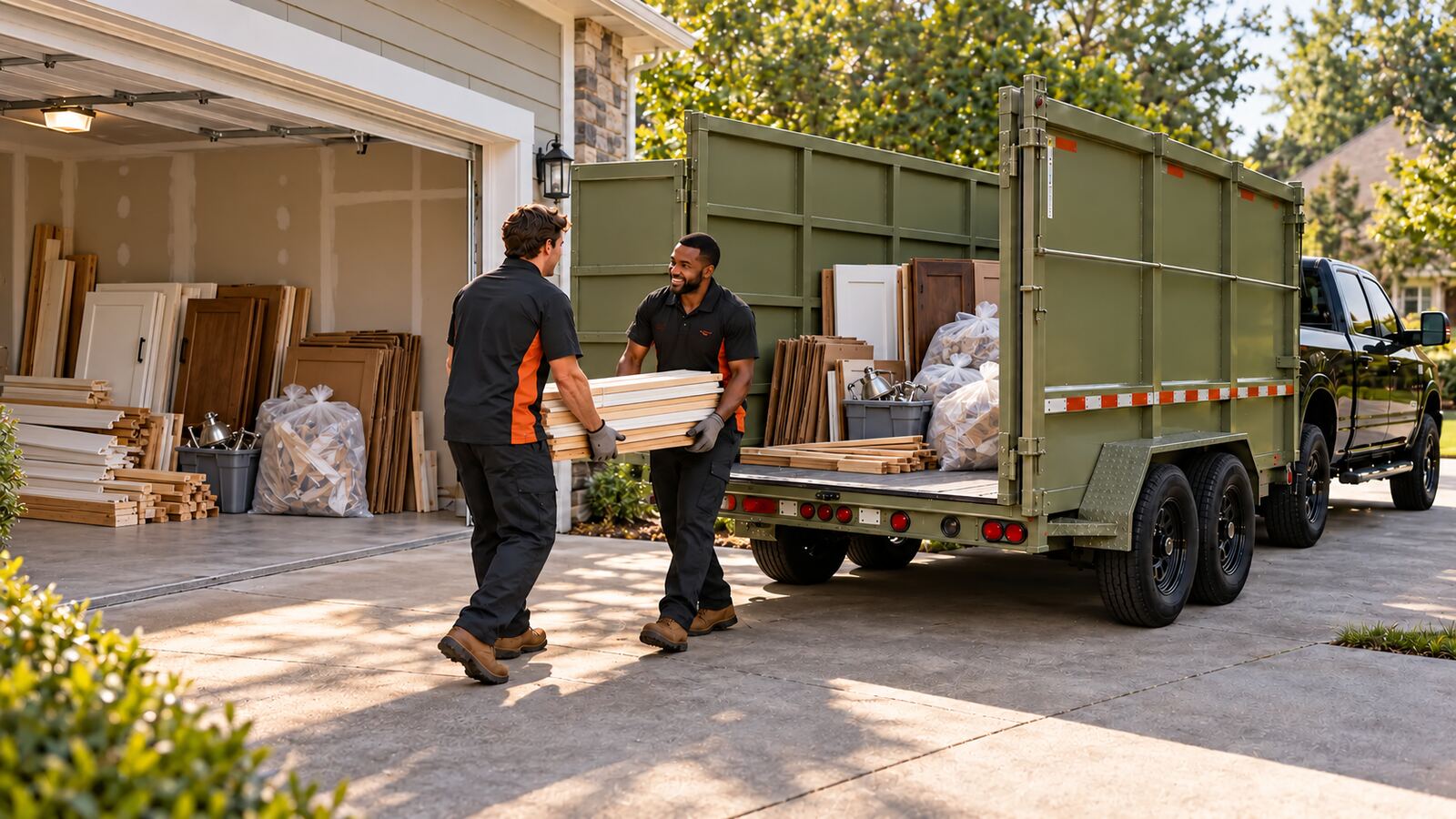 Illustrative scene of an Amigo crew loading sorted renovation materials beside a green tandem-axle trailer in Winder, Georgia