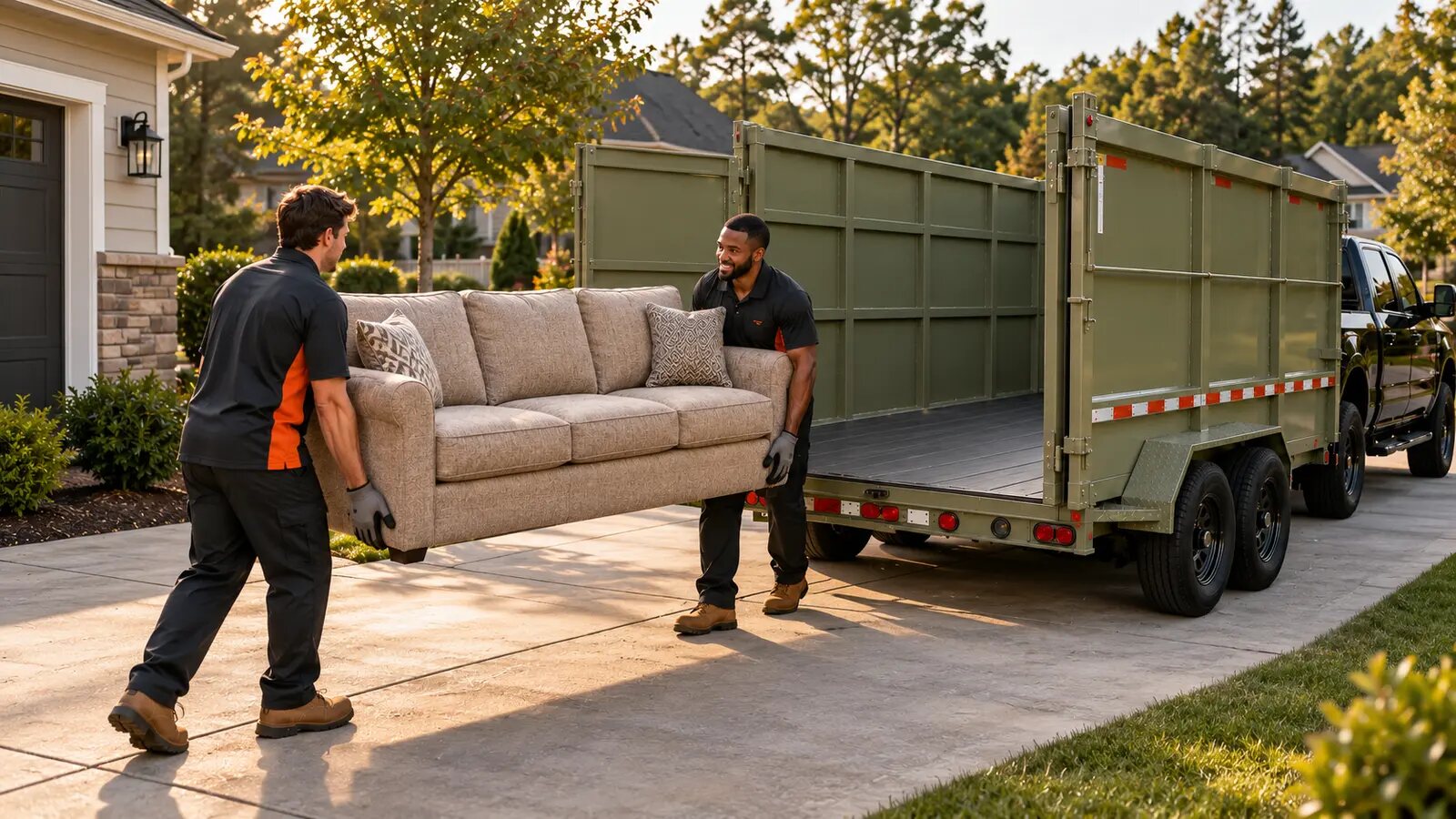 Two-person Amigo crew preparing to load a sofa for furniture removal in Winder, Georgia